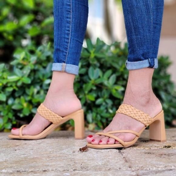 Women's Natural Braided Chunky Block Heel Slide Sandals - Picture 1 of 5